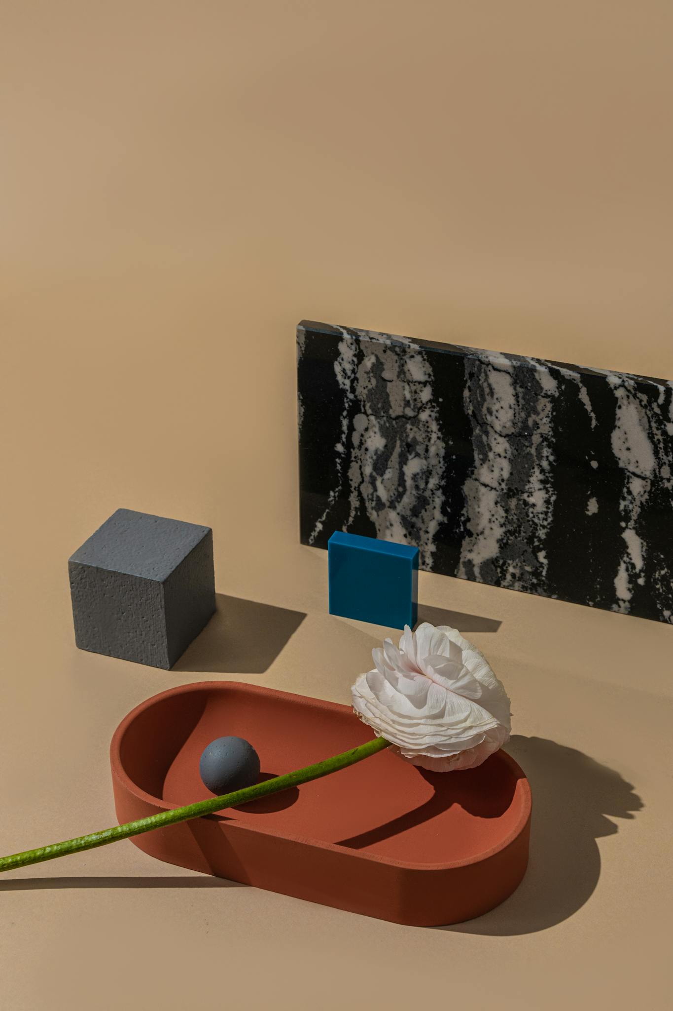 Artistic still life with geometric shapes, textures, and shadows.