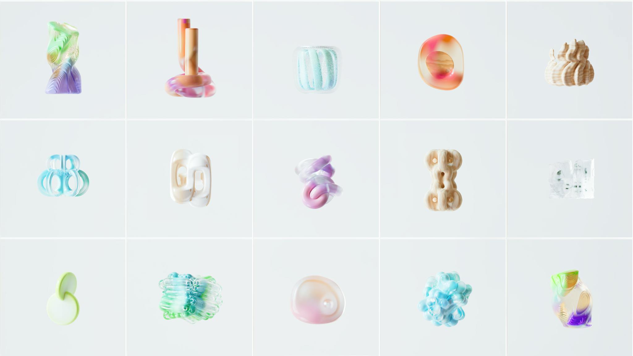 Collection of abstract 3D rendered organic shapes in soft pastel colors.