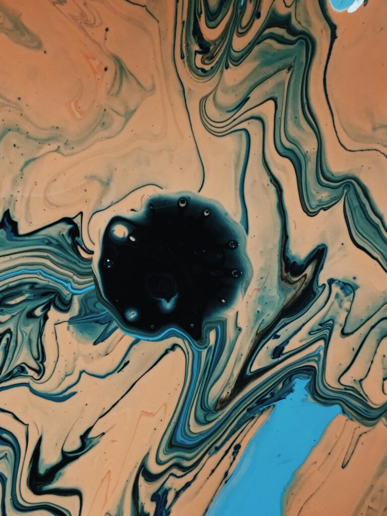 Dynamic abstract painting with earthy swirls, rich textures, and a vivid central focus.