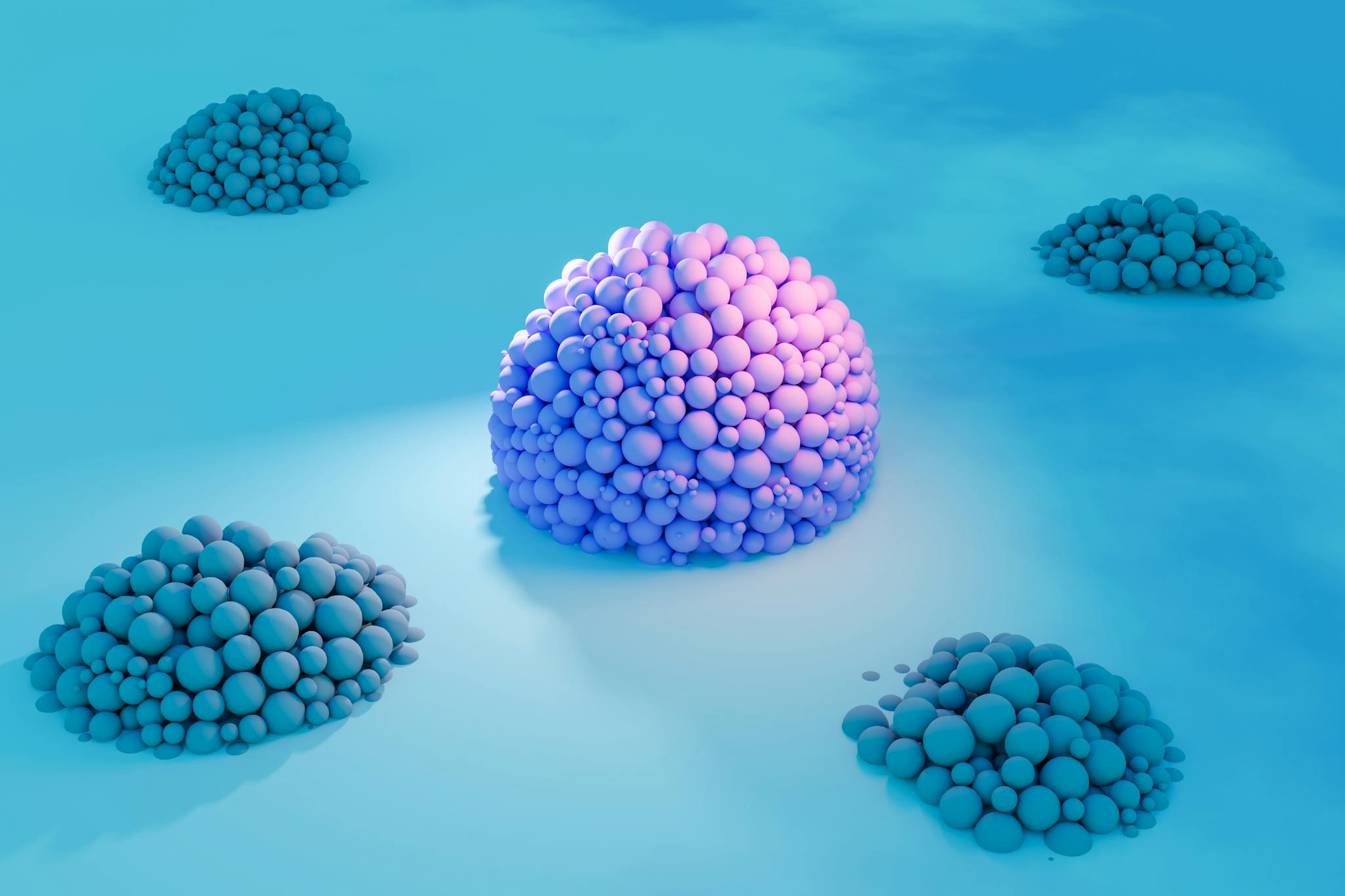 Purple and blue spherical formations in a digital abstract 3D render.